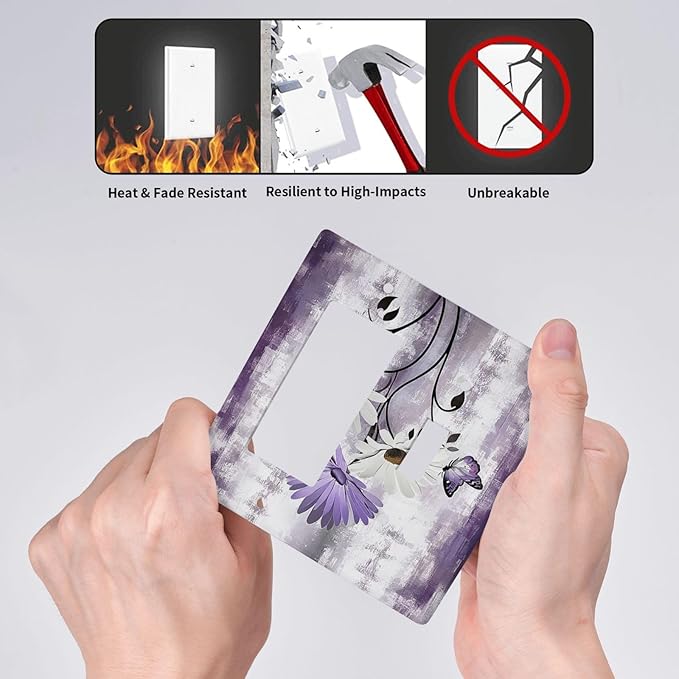 Purple Daisy White Floral Butterfly Flowers 2 Gang Combo 1 Toggle 1 Rcoker Light Switch Covers Decorative Switch Plates Electrical Switch Plates and Outlet Covers for Home Art Decor 4.5 X 4.5 IN
