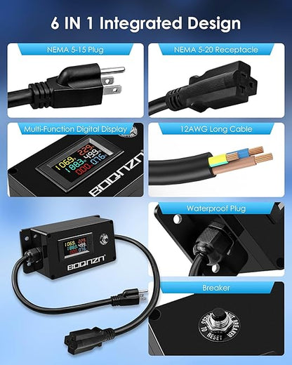 20A 125V AC Power Meter, NEMA 5-15P to NEMA 5-20R Outlet Monitor, Multifunction Energy Monitor Voltage Current Frequency Power Factor, LCD Display Digital Multimeter Tester