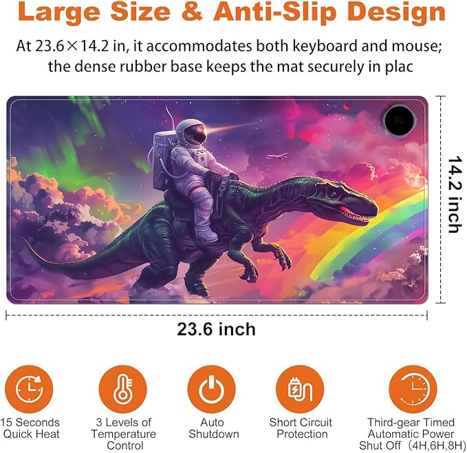 Small Heated Desk Pad 23.6" x 14.2" – Compact Electric Mouse Pad with 3 Heating Levels, Auto Shut-Off, Waterproof PU Surface, Plug-in Warmer for Office or Home Use, Astronaut on Dinosaur