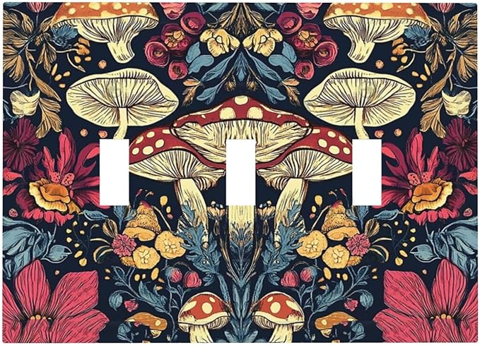Decorative Light Switch Cover Plate Coloful Red Yellow Orange Magical Mushroom Forest 3 Gang Wall Plate Triple Toggle Switch Plate Covers Electrical Outlet Cover for Bedroom Home Decor