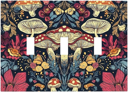 Decorative Light Switch Cover Plate Coloful Red Yellow Orange Magical Mushroom Forest 3 Gang Wall Plate Triple Toggle Switch Plate Covers Electrical Outlet Cover for Bedroom Home Decor
