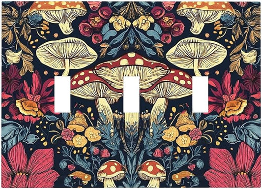 Decorative Light Switch Cover Plate Coloful Red Yellow Orange Magical Mushroom Forest 3 Gang Wall Plate Triple Toggle Switch Plate Covers Electrical Outlet Cover for Bedroom Home Decor