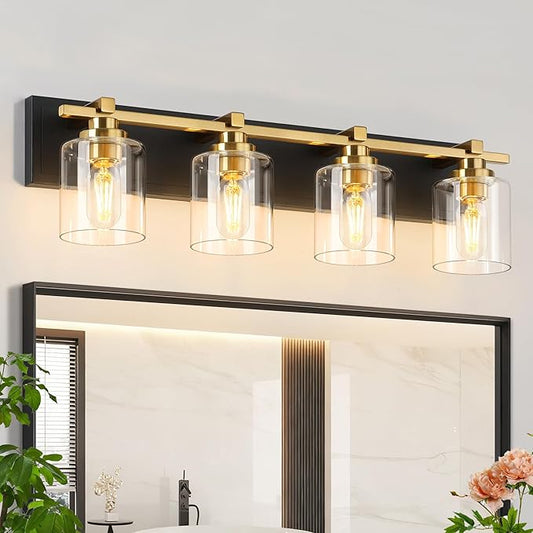 4 Light Modern Bathroom Light Fixtures Over Mirror, Black Gold Vanity Lights for Bathroom Wall Sconces with Clear Glass Shades, E26 Socket (Bulbs Not Included)