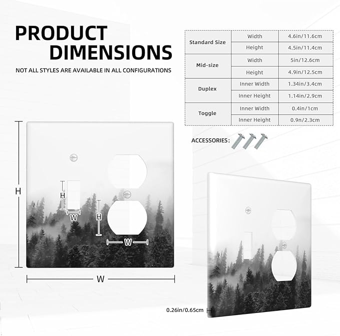 Wallplates Fores Black White Landscape Misty Woods 1 Toggle 1 Duplex Switch Plate Electrical Gfci Faceplate Decorative Light Switch Covers For Farmhouse Cabin Decor