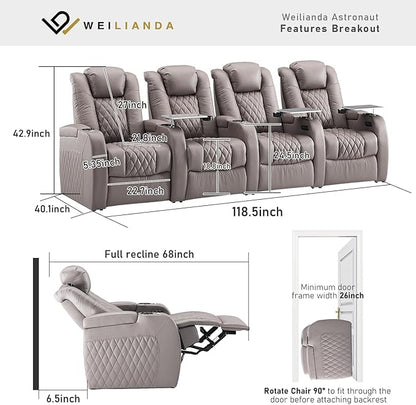 Weilianda Home Theater Seating Top Grain Leather Zero Gravity Recliner Chair Power Headrest Recline Movie Seat Gaming 7 Colors Mood Light Sofa with Tray Table USB Charge Row of 4 Grey