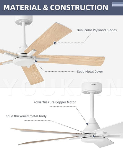 YOUKAIN Ceiling Fan No Light, 52 Inch White Ceiling Fans, Smart Ceiling Fans with Remote & APP Control, Reversible Blades, Cover Outdoor Ceiling Fan for Living room, Bedroom, 52-YJ812-WH-NL