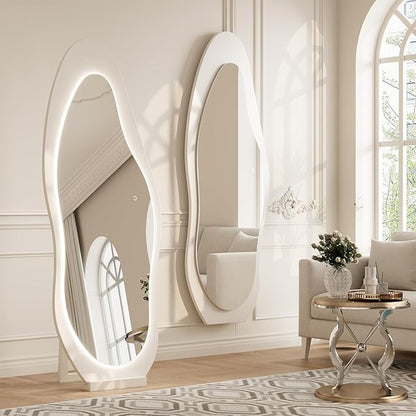 WoodsWhisper 69"X 24" Soild Wood Mirror Full Length,Wavy Wall Mirror,Lights Irregular Led Full Length MirrorShatter-Proof Hanging or Leaning Against Wall for Cloakroom/Bedroom/Living Room(White)