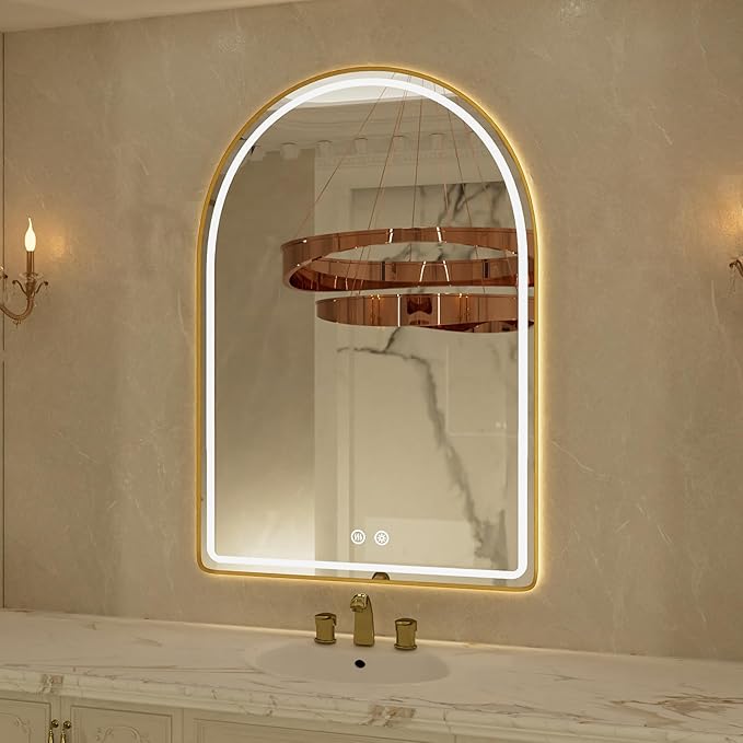 24"x36" Arched LED Bathroom Mirror, Gold Framed LED Bathroom Mirrors with Front Light and Backlit, Anti-Fog, Dimmable, 3 Colors, Memory Function, Arch Smart Vanity Mirror