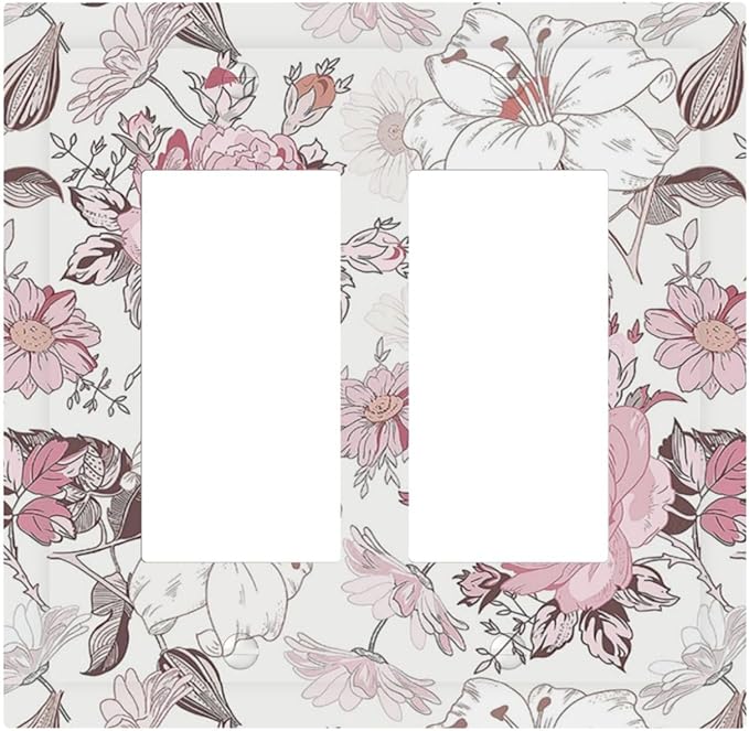 Decorative Outlet Covers Modern Watercolor Flower Pink White Wildflower 2 Gang Double GFCI Rocker Electrical Wall Panels Light Switch Cover Plate for Bedroom Home Decor