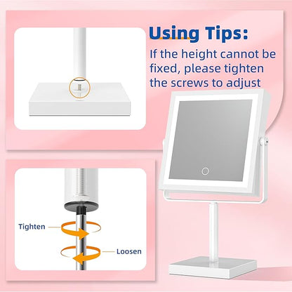 Ruacq Rechargeable Makeup Mirror, 4000mAh Lighted Makeup Mirror with Magnification 1X/10X, Height Adjustable Vanity Mirror with Lights, 3 Color Lights, Adjustable Brightness, 360°Rotation (White)
