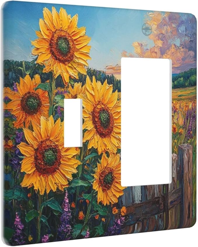 Decorative Outlet Covers Rustic Wilderness Sunflower Lavender Muzha Oil Painting 2 Gang 1 Gang Wall Plate Cover Single Toggle Rocker Combo Light Switch Cover Plate