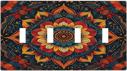 Light Switch Cover Plate Boho Colorful Mandala Quad Toggle Wall Plates Decorative Switch Plates 4 Gang Outlet Covers Electrical Panel Cover Faceplate for Home Decor 4.5 X 8 IN