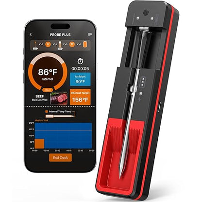 Smart Wireless Meat Thermometer with Ultra-Thin Probe, 6 Sensors Accuracy Digital Food Thermometer 0.5S Instant Read, IP67 Waterproof for BBQ, Grill, Smoker, Oven, Air Fryer,Black
