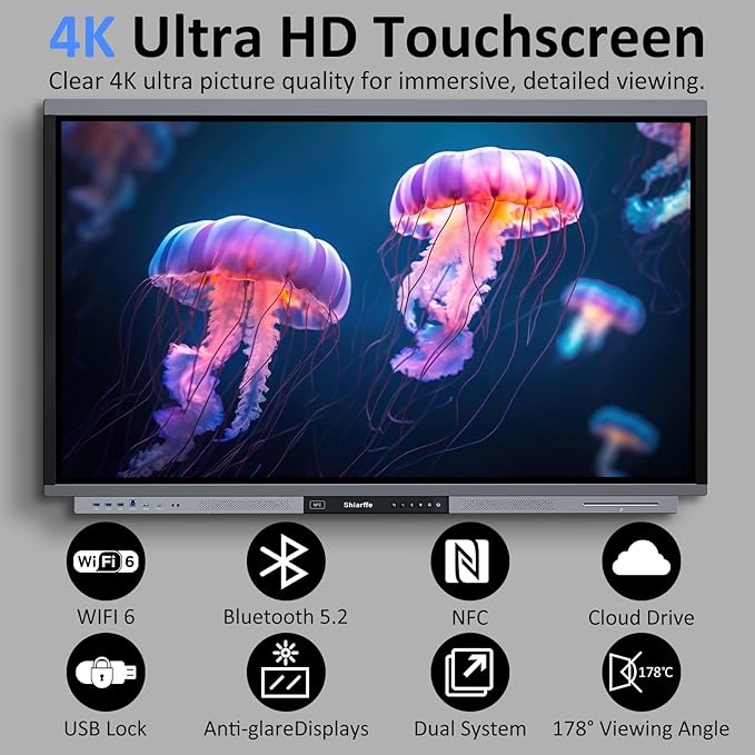 Shiarffe R9 Smart Board 4K Interactive Whiteboard EDLA-Certified All-in-One Touchscreen Digital Display Built-in 60W Speaker for Classrom Hybrid Work