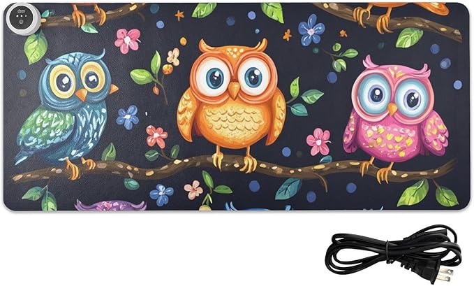 Heated Desk Pad Mouse Pad 31.5x13 Inch PU Leather Desk Mat with 3 Heat Levels Large Mouse Gaming Computer Laptop Mat Vibrant Owls Branches Flowers Spring