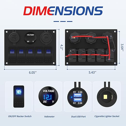 Marine Switch Panel Waterproof 12 Volt 5 Gang Rocker Switch Panel Blue Lighted with Dual USB Socket 4.8A & 12V LED Voltmeter & Cigarette Lighter Socket for Marine Boat Car RV Truck