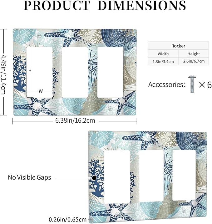 Decorative Outlet Covers Blue Starfish Brown Coral Ocean 3 Gang Light Switch Cover Plate Triple Rocker Wall Plates for Electrical Outlets Switch Plate Covers for Girlroom Home Decor
