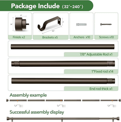 Curtain Rods for Windows 32 to 240, 1 Inch Adjustable Heavy Duty Long Window Outdoor Curtain Rod for Patio, Drapery Rods with Simple End Caps, Size 32"-240", Antique Bronze