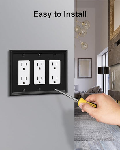 2-Pack Triple Decorator Outlet Cover Plate, Black Decorative Switch Plates and Outlet Covers, Natural Bamboo Fiber Wall Plates for Electrical Outlets, Receptacle, GFCI Outlet, Dimmer Switch