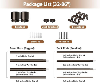 Double Curtain Rod 32 to 86 Inch, HOTOZON 1 Inch Heavy Duty Double Curtain Rods for Windows 20 to 82 Inches(1.7-6.8 ft), Telescoping Drapery Rod with Simple End Finials, Bronze