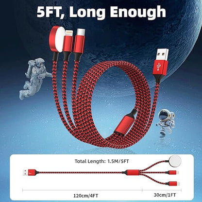 Multi Charging Cable for Apple iWatch Charger, 3 in 1 Charging Cable USB Multiple Charger Cord for iWatch Ultra/SE/10-1, iPhone17-8, iPad, Android, Car, Cruise Essentials - 3Pcs 5FT