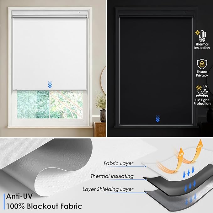 Motorized Blackout Smart Roller Blinds with Remote Control & Solar Panel - Automatic Electric Shades for Windows, Compatible with Alexa - White,34¾"W*72" H