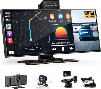 Largest 11.5"Wireless CarPlay Screen for Car,Portable A-pple Car Play & Android Auto,HD Touchscreen with 4K Dash Cam,Backup Camera,Bluetooth, Navigation,Voice Control,GPS,Mirror Link, for All Vehicles