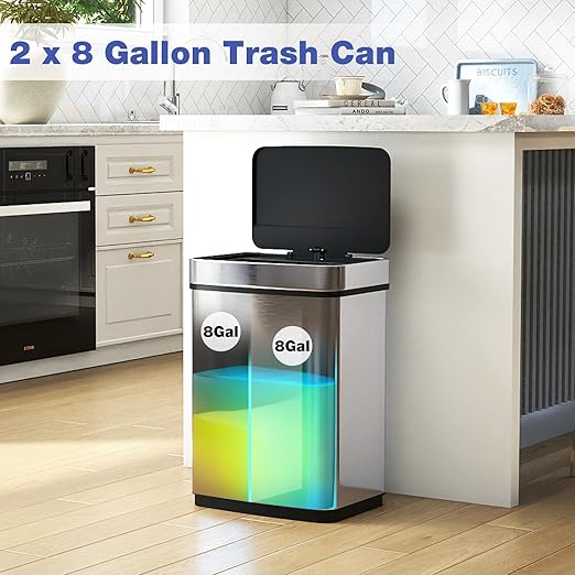 Goplus 16 Gal Automatic Trash Can, Stainless Steel Motion Sensor Trash Can with 2 Compartments, Quick Response & Soft Close Lid, Touchless Compact Garbage Bin for Kitchen, Bedroom, Bathroom and Office