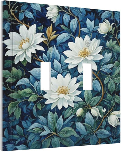 White Flowers Green Leaves Light Switch Covers Double Toggle 2 Gang Wall Plate Dual Decorative Switchplate Electrical Faceplate for Farmhouse Living Room Decor