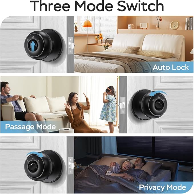 GeekTale Fingerprint Door Lock for Bedrooms, Fingerprint Door Knob with Lock, Smart Door Lock, App Control, Back-up Keys, Thumbprint Door Knob for Bedrooms, Office, Apartment