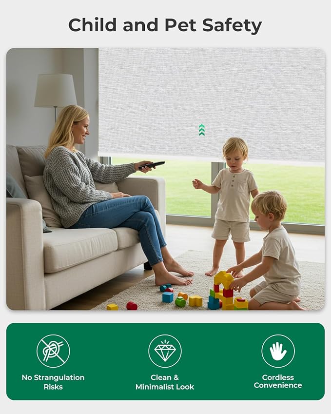 Allesin Motorized Roller Blinds – Rechargeable Smart Shades with Remote & Quiet Motor, Top/Bottom Aluminum Rails, Alexa-Compatible for Window (Custom Size, 100% Blackout Fog-Slub)