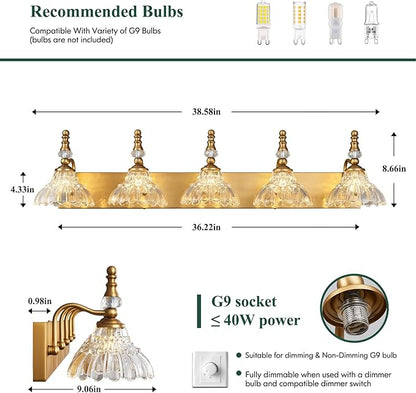 Vintage Bathroom Vanity Light, 5-Light Brass Vanity Lighting Fixture with Flower Glass Shade, Bathroom Lighting Fixtures Over Mirror