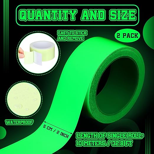 2 Rolls Glow in The Dark Tape 32.8 ft x 2 Inch Luminous Phosphorescence Green Long Lasting Bright Glow Tape for Halloween Night Decorations, Theater Stages, Stairs, Walls, Steps and Exit Sign