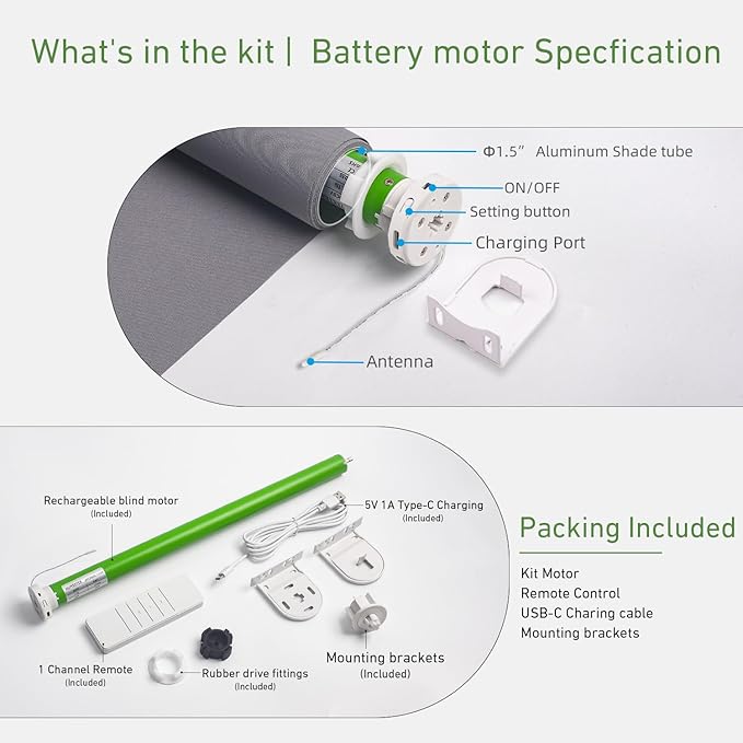 5V USB-C Tubular Motor Blinds Kit Retrofit Motorized Roller Blind with Remote Control, Rechargeable Smart Blinds for Windows