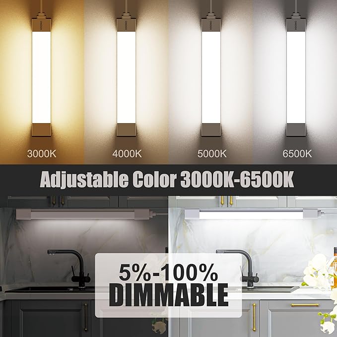 Under Cabinet Lights with Plug. 3000K-6500K Dimming and Color. with Wireless Control Panel and Remote Control.18W 1800LM for Garage, Kitchen, Bathroom, Closet, Office (24 inch-2pcs)