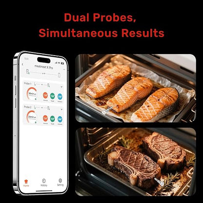 X Pro Wireless Meat Thermometer with Dual Wi-Fi & Bluetooth, Digital Meat Thermometer with 2 Probes & LED Display Base, 6 Built-in Sensors, IP69 Waterproof, for Grills, Ovens, Smokers & BBQs