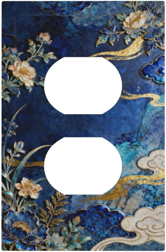 Decorative Outlet Covers Blue White Flower Gold Line Cloud 1 Gang Duplex Light Switch Cover Plate Unique Wall Plates for Electrical Outlets Switch Plate Covers for Bedroom Home Decor