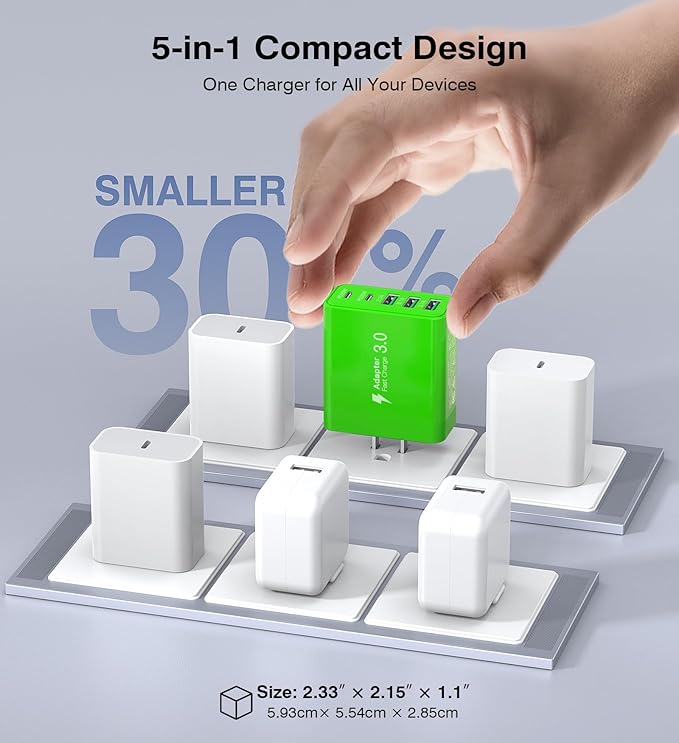 [2-Pack] USB C Wall Charger, 60W Fast USB C Charger Block, 5-Port PD Power Adapter + QC Wall Plug Multiport Type C Charging Block Cube Compatible with iPhone 17 16 15 14 13 12 Pro Max XR XS, Green