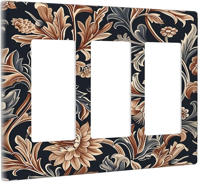Light Switch Covers Vintage Grey Plant Leaves Brown Flowers 3 Gang Rocker Electrical GFCI Decorative Triple Outlet Wall Plate Cover Switchplate for Bedroom Home Decor