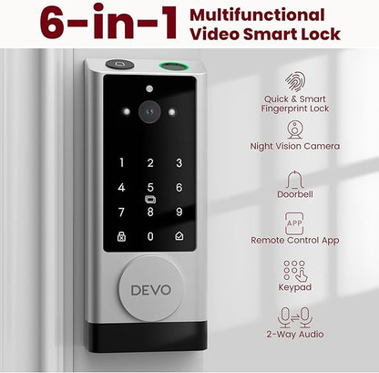 DEVO G1 6-in-1 Video Smart Lock with Camera & Doorbell, Keyless Entry Door Lock with Fingerprint, Auto Locks, App Remote, Built-in Wi-Fi Smart Deadbolt for Front Door
