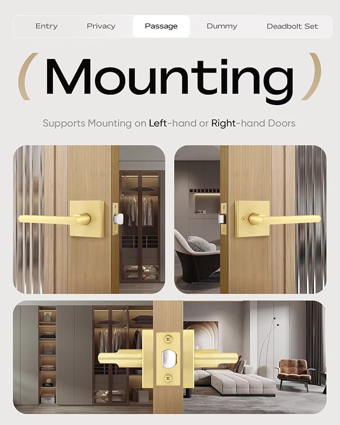 Leydebong 4 Pack Passage Door Levers Square Hall Closet Handles, Heavy Duty Interior Keyless Lever Sets, Reversible for Right & Left Side, Satin Brass Finish