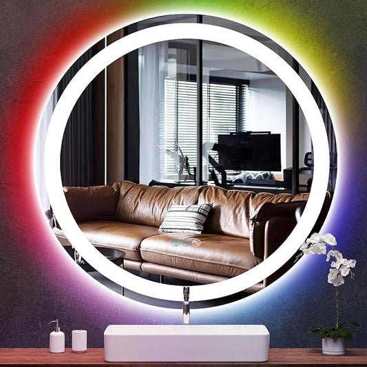 30 Inch LED Bathroom Mirror With Front Light 3 Colors + Rainbow RGB Color Changing Backlit Round Lighted Mirror for Wall Anti Fog 30" Smart Circle Mood Light up Mirror