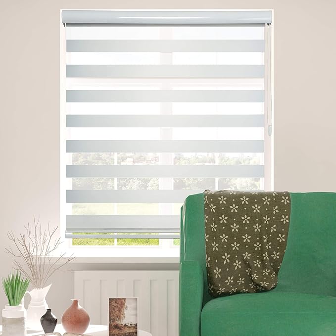 ShadesU Cordless Zebra Blinds for Windows, 23" W x 72" H, White, Dual Layer Free-Stop Zebra Shades, Light Control for Day and Night, Sheer Blinds for Indoor Windows, Bedroom, Kitchen