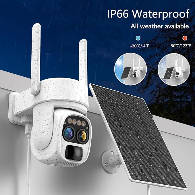 Hawkray Pannel Solar Wireless Outdoor Battery Security Camera， Dual-Lens, 10xZoom, 2K Resolution 3MP 360°Pan/Tilt，2.4&5G WiFi Powered Camera
