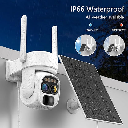 Hawkray Pannel Solar Wireless Outdoor Battery Security Camera， Dual-Lens, 10xZoom, 2K Resolution 3MP 360°Pan/Tilt，2.4&5G WiFi Powered Camera
