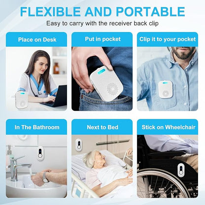 SanJie Wireless Caregiver Pager Call Bell for Patients at Home 328Ft Range Call Button for Elderly Life Alert Systems for Seniors (2 Rechargeable & Portable Receiver,3 Emergency Button)