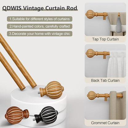 Wood Curtain Rods for Windows 66 to 120 Inch, 1'' Adjustable Heavy Duty Curtain Rod，Vintage Decorative Drapery Rods with Pumpkin Finials for Bedroom Living Room