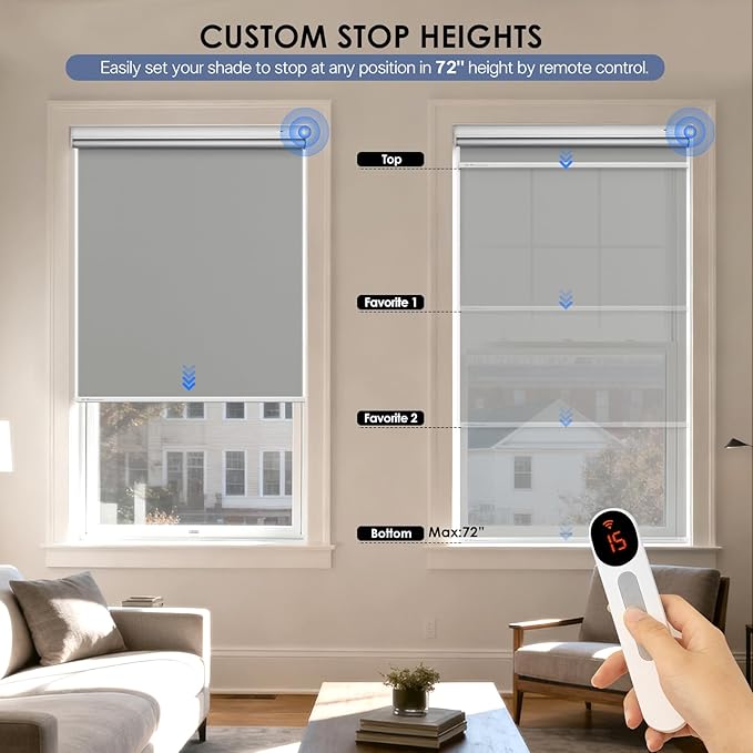 Motorized Roller Blinds with Remote Control & Solar Panel - 100% Blackout Smart Blinds, Automatic, Cordless, Electric Shades - Compatible with Alexa - Grey, 34¼" W x 72" H