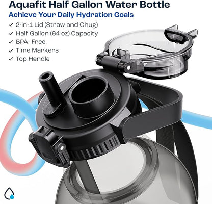 AQUAFIT 64 oz Water Bottle with Time Marker - 2in1 Straw & Chug Lid - BPA Free Big Water Bottle with Straw - Gym Water Bottle with Strap - Water Jug (64 Ounces, Gray)