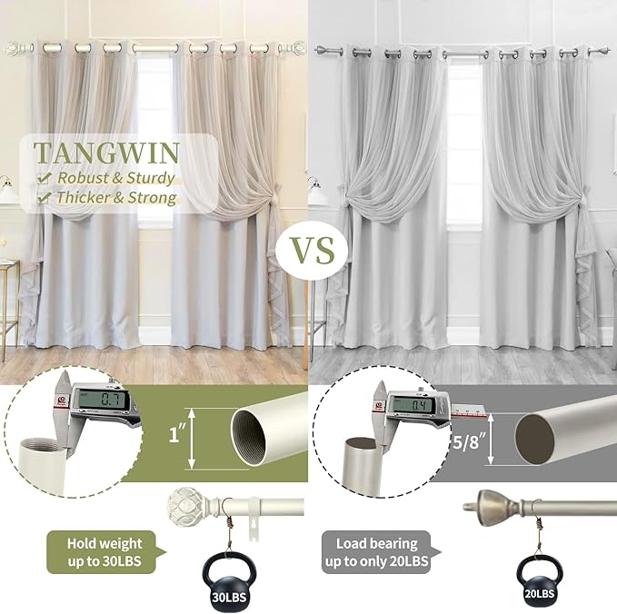 White Farmhouse Curtain Rods for Windows:Heavy Duty Adjustable Curtain Rod for Bedroom Living Room,Boho Decorative Rustic Drapery Rods with Vintage Coastal Finials,Antique White 2 Pack 66-120"
